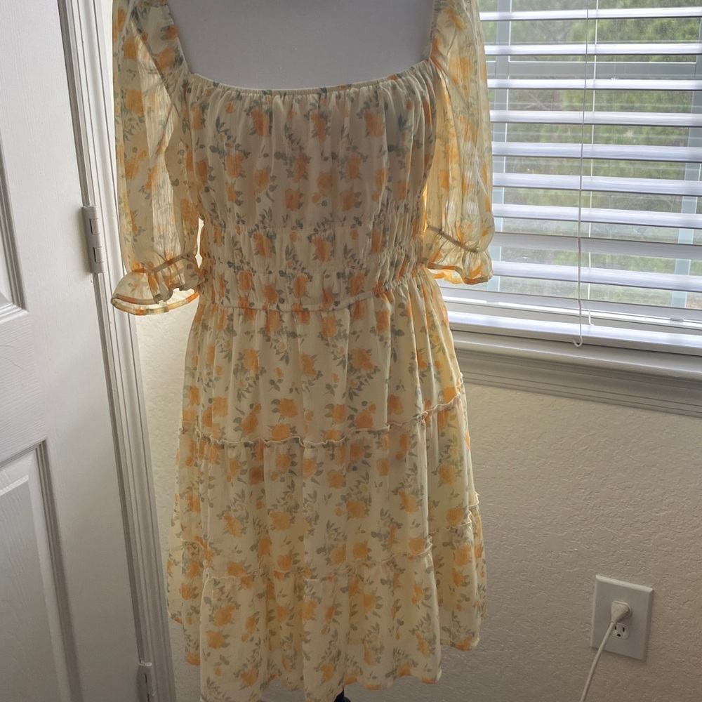 Trixxi Yellow Floral Square-Neck Ruffle Dress